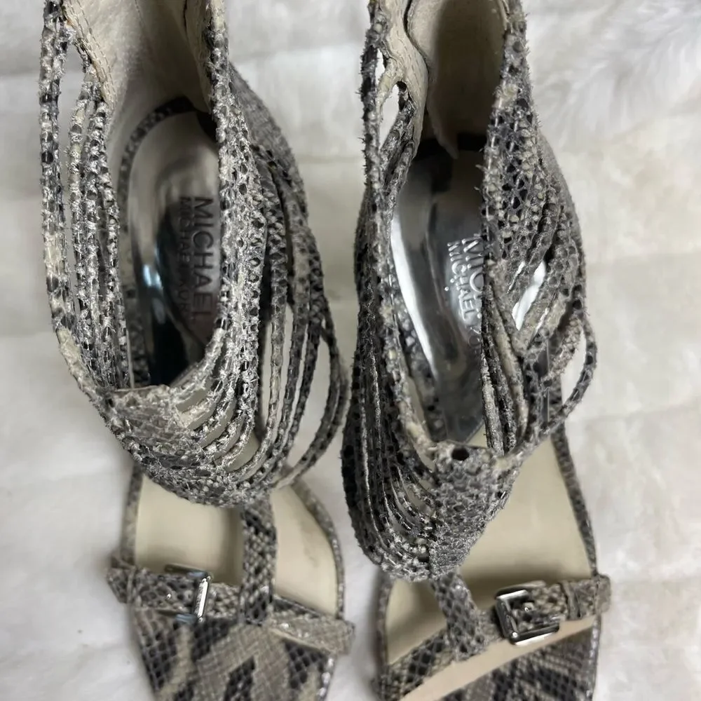 Michael Kors leather snake skin print beige and gray cage T Straps heels size9M